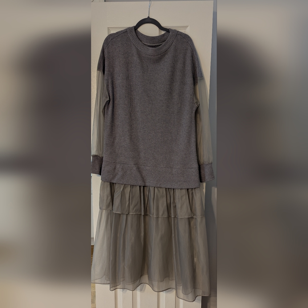 Gray Layered Dress with Sheer Sleeves